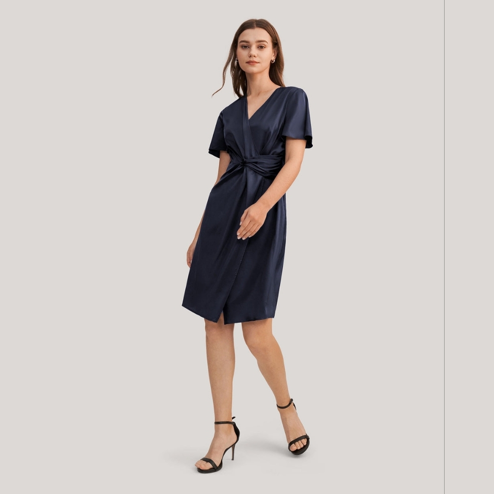 NWT LillySilk Stylish Overlapping Design Silk And Spandex Elegant Navy Dress